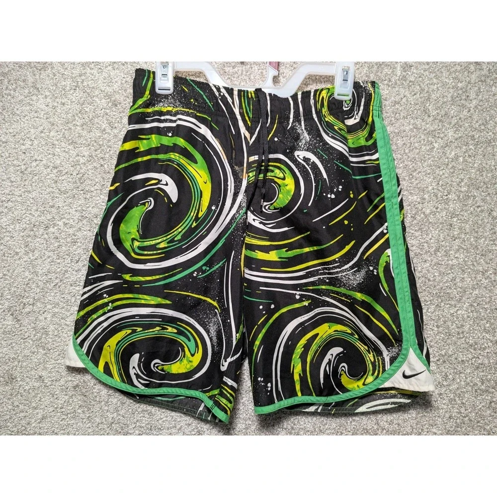 Men's Nike Swim Board Swim Shorts Black Neon Green Swirl Size L Fits LARGE